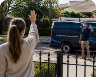 Customer waving goodbye to a Sandringham Blocked Drains plumber